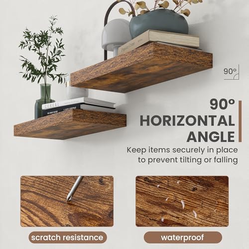 Acovy 72 Inch Floating Shelves, 8 Inch Deep Floating Shelves for Wall, Hanging Shelf with Invisible Brackets, Deep Shelves for Bathroom, Bedroom, Living Room, Brown, Set of 2 - Image 5