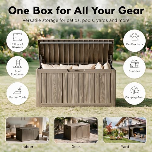 92 Gal Deck Box,Waterproof Resin Outdoor Storage Gas Lift,Lockable Grey - Image 3