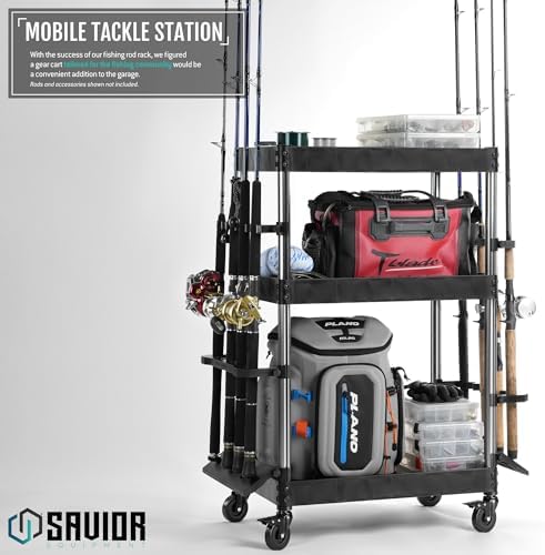 Savior Equipment Mobile Tackle Station 16 Fishing Rod Holder Cart w/Wheels, Adjustable Rack For Different Rod & Reel, 3-Level Fishing Gear Storage Pole Organizer For Garage Home Indoor Use, Black - Image 2