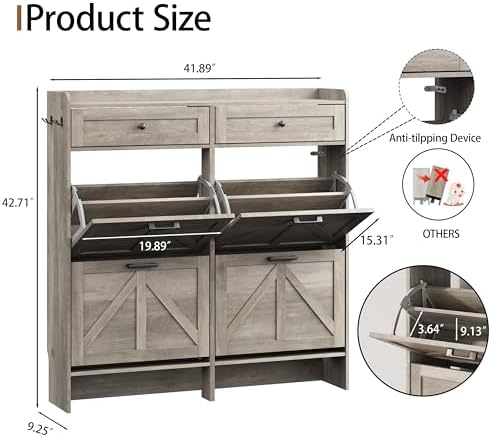Shoe Cabinet with 4 Flip Drawers & 2 Top Drawers, 43" Tall Freestanding Narrow Wooden Shoe Storage Organizer for Entryway, Hidden Slim Shoe Rack for Front Door Entrance, Hallway, Living Room, Grey - Image 2