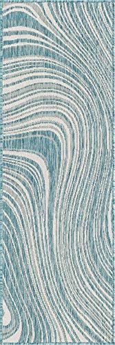 Unique Loom Outdoor Modern Collection Area Rug - Pool (2' x 6' 1" Runner, Light Aqua/ Blue) by UniqueLoom