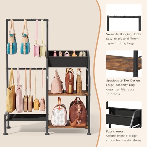 Homsorout Purse Organizer for Closet - Purse Rack Stand with 12 Hooks, 2 Wooden Shelves Purse Storage for Closet, Large Capacity Backpack Storage, Handbag Organizer for Home, Living Room, Black - Image 5