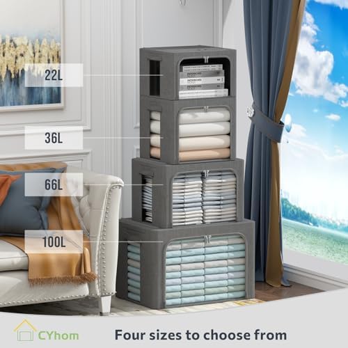 CYhom 3Pack Foldable Storage Bins - Frame Storage Box Linen Fabric Stackable Clothes Container Organizer with Clear Window & Carry Handles Large Capacity (Extra Large-100L, Dark Gray) - Image 3
