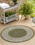 Unique Loom Outdoor Border Collection Area Rug - Floral Border (13' Round, Green/ Ivory) by UniqueLoom