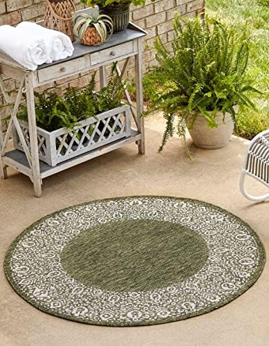 Unique Loom Outdoor Border Collection Area Rug - Floral Border (5' 3" Round, Green/ Ivory) by UniqueLoom
