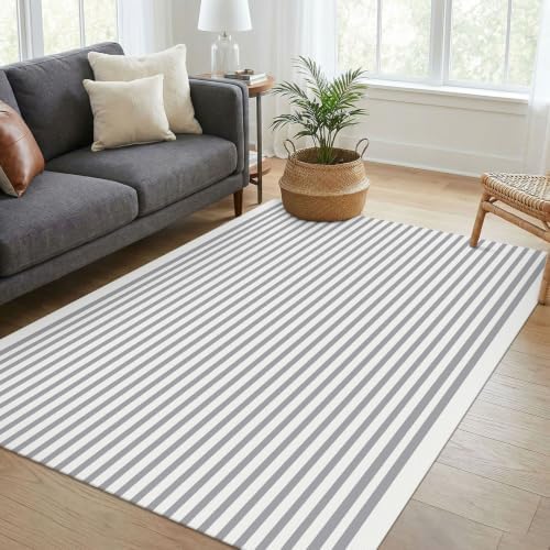 KOZYFLY Striped Rug 4x6 ft Cotton Woven Front Door Rugs, Gray and White - Image 2