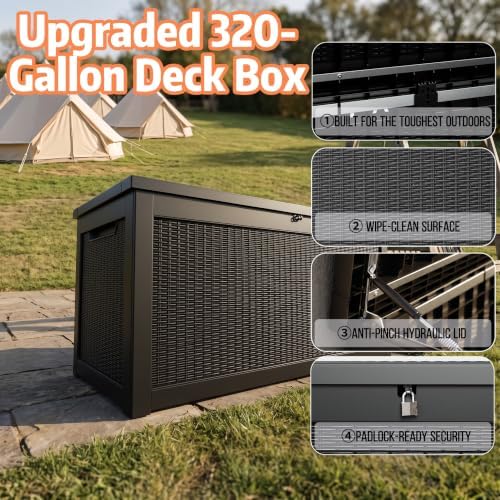 Vixzen 320 Gallon Deck Box, Lockable Waterproof Resin Storage Box，Black - Image 3