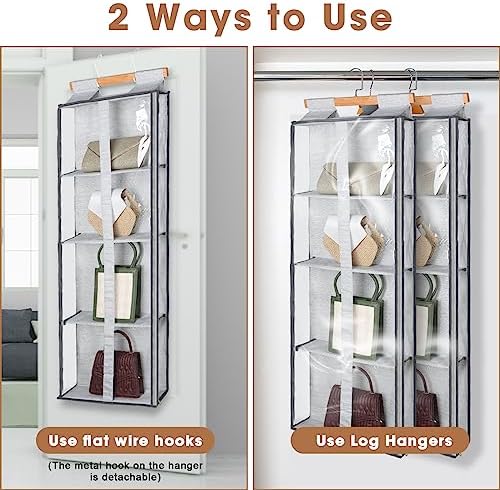 Silkfly 2 Pack Hanging Purse Organizer with Zipper for Closet Handbag Storage PVC Mesh Shelves with 4 Pockets for Bedroom Door Wardrobe Shelf Rack Space Saving(Gray) - Image 7