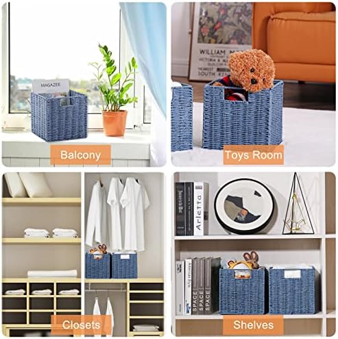 Vagusicc Wicker Storage Basket, Set of 2 Hand-Woven Storage Baskets for Shelves with Handles, Foldable Cube Storage Bins Organizer, Blue 13x13 Inch Large Wicker Baskets for Pantry Bedroom Decor, Blue - Image 5