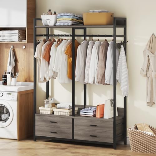Tribesigns Freestanding Closet Organizer for Hanging Clothes, Heavy Duty Garment Rack with 4 Drawers, 8 Hooks and Storage Shelves, Wardrobe Closet Clothing Rack for Bedroom, Living Room, Grey - Image 4
