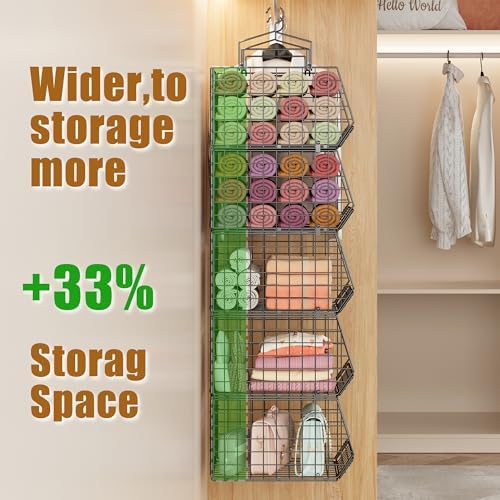 Capacity Upgrade Edition Deeper 4'' 5 Tier Foldable Hanging Closet Organizer and Storage，Wire Cabinet Shelves and Rack with 5 S Hooks,Stackable Metal Basket Bins for Clothes Shoe Purse,Black - Image 5