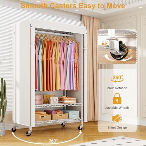ULIFHOME P6C Rolling Clothes Rack with Cover, 3-Tier Covered Clothing Rack - Image 4