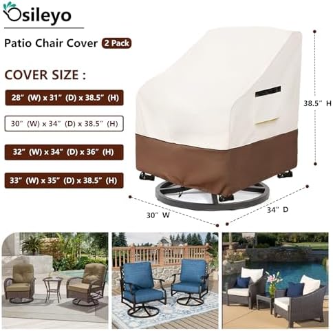 Patio Chair Covers 2 Pack,Swivel Lounge Chair Cover,Waterproof Heavy Duty Patio Furniture Covers for Outdoor Swivel Lounge Chair(30 W x 34 D x 38.5 H inches) Beige & Brown - Image 2