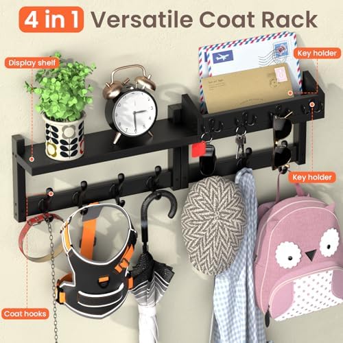 29'' Black Coat Rack Wall Mount with Shelf, Solid Wood Coat and Key Hanger with 11 Metal Hooks, Farmhouse Wall Organizer for Mail, Entryway Wall Hangers for Hats, Clothes, Backpacks, Mudroom - Image 5
