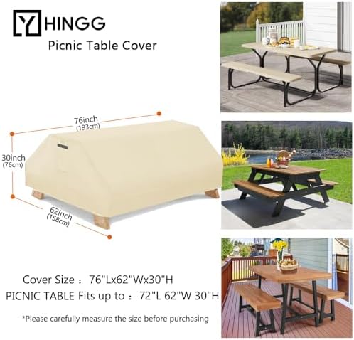 Picnic Table Cover Waterproof 70/72 Inch 600D Oxford Outdoor Table Cover with Bench Covers for Winter DustProof Heavy Duty (Beige, 6FT-70/72inch) - Image 2