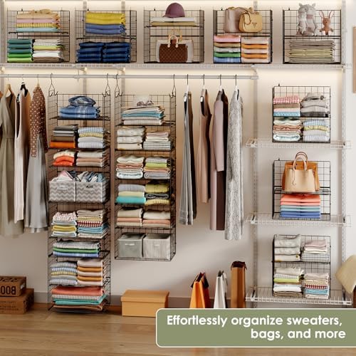 8 Tier Widened Hanging Closet Organizer and Storage Shelves, Metal & Foldable Hanging Clothing Organizer Baskets with Adjustable Dividers for Sweaters Shoes Handbags,Black (L11.81"xW16.14"xH15.35") - Image 7