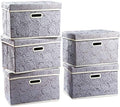 PRANDOM Foldable Storage Bins with Lids [5-Pack] Fabric Decorative Storage Box Cubes Organizer Containers Baskets with Cover Handles Divider for Bedroom Closet Living Room Grey 14.9x9.8x9.8 Inch by Prandom