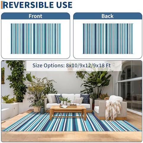 GAOMON 8x10 Large Outdoor Rug Waterproof for Patio Plastic Straw Rug Geometric Striped Outdoor Area Rug Modern Lines Outside Carpet for Deck Backyard Balcony, Dark Blue/Bright Blue/Light Blue/White - Image 4
