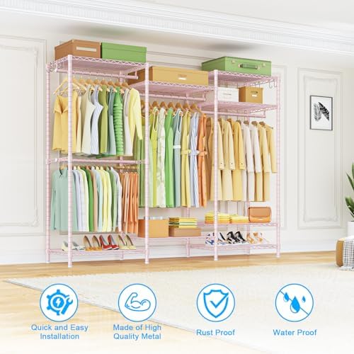 Ulif E13 Heavy Duty Clothes Rack（With 4 Hanger Rods & 8 Shelves） Freestanding Clothing Racks for Hanging Clothes，Adjustable Closet Organizer，Metal Garment Rack 63" W x16 D x77 H，Max Load 900LBS，Pink - Image 6
