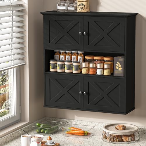 Vabches Bathroom Wall Cabinet, Farmhouse Medicine Cabinet with 4 Barn Doors, Large Wooden Vintage Storage Cabinet Wall Mounted for Bathroom, Kitchen, Black - Image 3