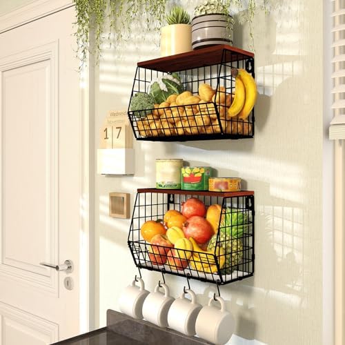 Mefirt 2pcs Fruit Basket Kitchen Storage Basket with Wood Lid - Image 5