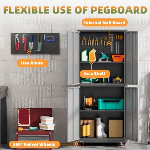 71''H Garage Storage Cabinet with Wheels, Meatl Storage Cabinet with Lock - Image 5
