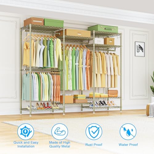 Ulif E13 Heavy Duty Clothes Rack（With 4 Hanger Rods & 8 Shelves） Freestanding Clothing Racks for Hanging Clothes，Adjustable Closet Organizer，Metal Garment Rack 63" W x16 D x77 H，Max Load 900LBS，Gold - Image 6