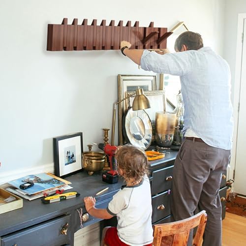 Coat Rack Wall Mount, Wooden Coat Rack, Piano Key Coat Rack, 12 Hooks Flip Down Wall Hook Rack, Walnut - Image 3