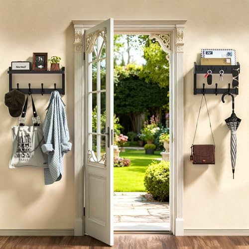 29'' Black Coat Rack Wall Mount with Shelf, Solid Wood Coat and Key Hanger with 11 Metal Hooks, Farmhouse Wall Organizer for Mail, Entryway Wall Hangers for Hats, Clothes, Backpacks, Mudroom - Image 3