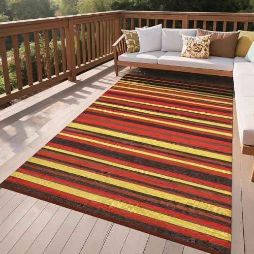 Garvee 8x10 Outdoor Rug Modern Striped Lines Plastic Straw Rug Red Tone - Image 2
