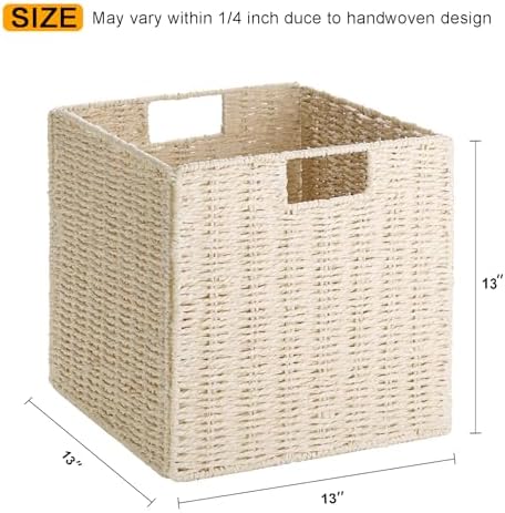 Vagusicc Wicker Storage Basket, Set of 2 Hand-Woven Paper Rope Wicker Baskets, Foldable Cube Storage Bins, Beige Storage Basket, Square Baskets for Organizing Shelves & Decor, Beige(13″×13″×13″) - Image 2