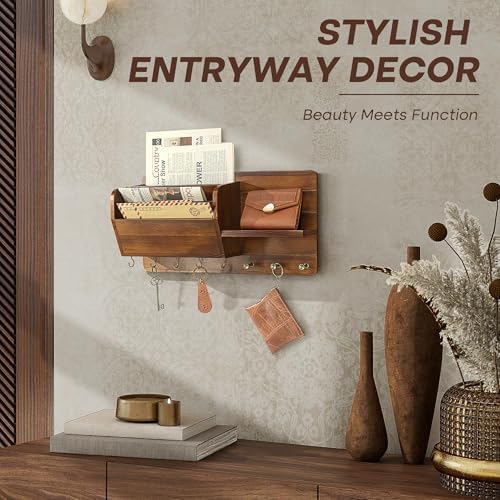 Rebee Vision Pine Wood Key Holder Wall Mount with Mail Sorter, Light Brown - Image 4