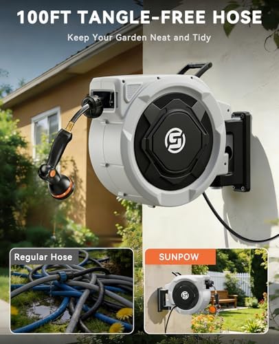 SUNPOW Retractable Garden Hose Reel - 5/8in x 100ft Heavy Duty Wall Mounted Hose Reel with 3/4in Brass Fitting & 10 Function Nozzle - Any Length Lock, Auto Rewind System, 180°Swivel Bracket - Gray - Image 2