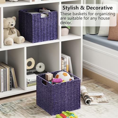 Vagusicc Wicker Storage Basket, Set of 2 Hand-Woven Wicker Basket, 11 inch Storage Basket, Foldable Cube Storage Organizer Bins, Storage Baskets for Organizing Shelves Decor, Purple (11″×11″×11″) - Image 3