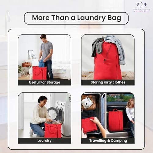 LFH Home Cotton Rich Large Premium Canvas Laundry Bag, Heavy Duty Washable Laundry Hamper with Drawstring & Handles, Multi-Use Clothes Storage for Home, Travel & College, 28"x36" (Pack of 4) - Red - Image 5