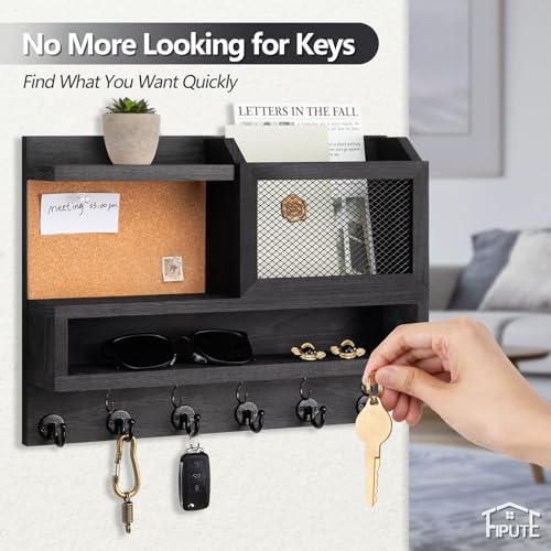 Key Holder for Wall with Mail Organizer,Farmhouse Mail and Key Holder for Wall,Key Hanger with ‌Metal 11 Hooks,Corkboard,and Shelf,Decorative Natural Pine Wood Entryway Organizer,14.6*11.1*3.3”,Black - Image 6