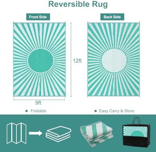 Wonnitar Waterproof 9x12 Outdoor Camping Rug - Large Plastic Straw Patio Rugs Clearance, Lightweight Reversible Outside Carpet for RV, Deck, Picnic, Beach, Balcony (Blue-Green, 9'x12') - Image 2