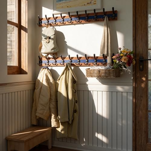 SKOLOO Rustic Coat Rack Wall Mount- 38-1/8" Long Coat Hooks for Wall with 10 Triple Hooks for Hanging Coats, Hats or Tools, Western National Parks Collection, Wood Brown & Blue, Pack of 2 - Image 6