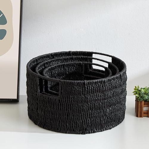 Vagusicc Wicker Storage Basket, Hand-Woven Paper Rope Large Round Woven Basket With Handles, Wicker Baskets for Organizing/Storage, Black, 3-Pack - Image 7