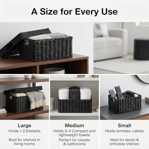 Wicker Storage Basket with Lid for Shelves, 3-Basket Set, Black - Image 5