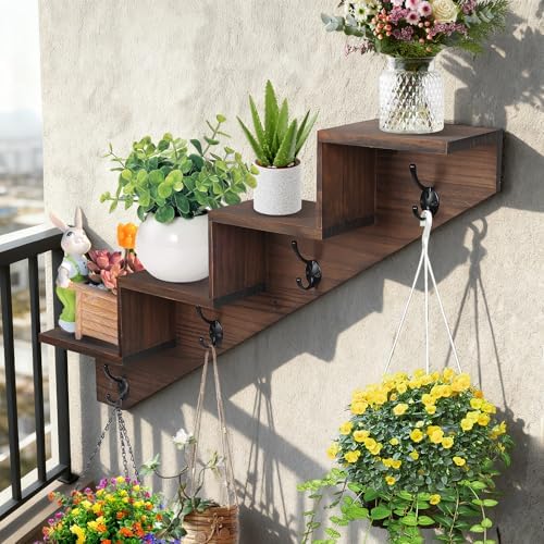 Hookmous Coat Rack Wall Mount with Shelf, Brown Wall Shelf with Hooks, Sturdy​​ Wooden Rise Staircase Shelves, Space-Saving Decorative Organizer for Entryway, Mudroom, Hallway, Living Room, Bedroom - Image 3