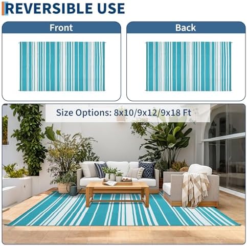 GAOMON 9x18 Outdoor Rug Modern Geometric Lines Large Plastic Straw Rugs Non Shedding Reversible Indoor Outdoor Rugs UV-Resistant Portable Outside Carpet for Trailer Backyard Balcony Light Blue White - Image 4