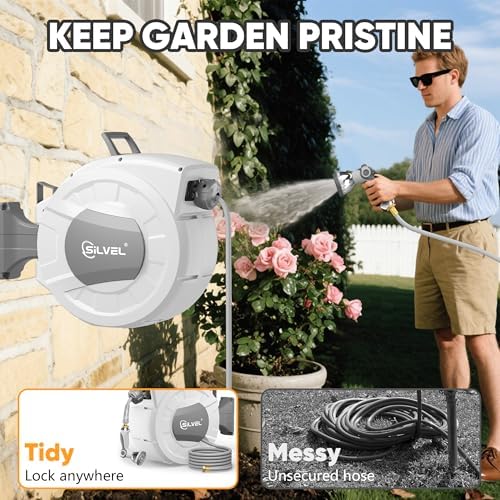 Retractable Garden Hose Reel, 1/2" x 100ft Wall Mount Heavy Duty Automatic Hose Reel with 10 Pattern Nozzle, Any Length Lock & Slow Return System, 180°Swivel Bracket Upgraded UV Resistant,Light Grey - Image 2