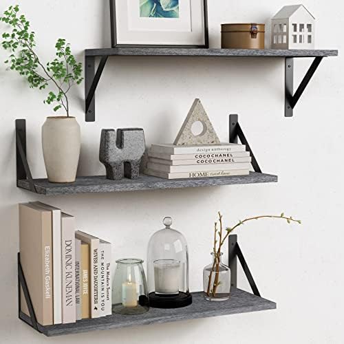 Forbena Gray Floating Shelves Wall Mounted Bookshelf Set of 3, 24 Inches Long 8 Inch Deep Wall Shelves for Bedroom, Bathroom, Living Room, Laundry Room, Kitchen, Office, Closet (Rustic Grey) by Forbena