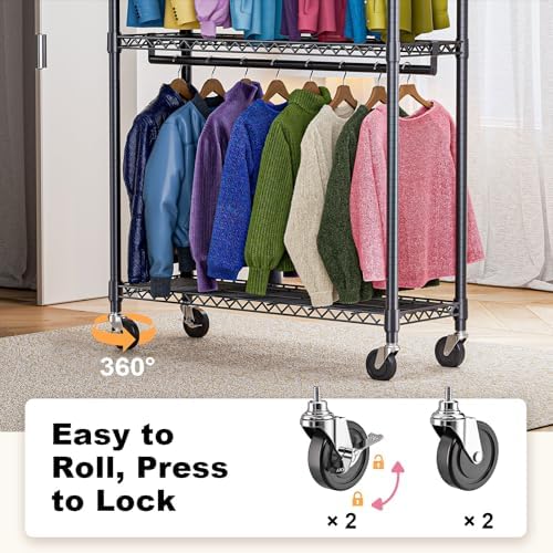 M MZG Heavy Duty Rolling Garment Rack 3 Tiers Adjustable Wire Shelving Clothes Rack with 2 Rods and Side Hooks,Storage Closet Clothing Rack with Wheels Black 15.7" D x 45.3" W x 79.6" H - Image 3