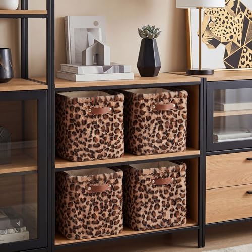 FoldTier 4 Pcs Brown Foldable Leopard Faux Fur Storage Cubes 11 Inch - Image 5