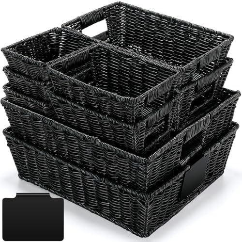 Marsui 9 Pcs Wicker Storage Baskets for Pantry Organization with Handle Labels Handwoven Multi-size Brown Small Organizer Baskets Storage Bins Container for Shelves Closet Toilet Christmas Holiday by Marsui