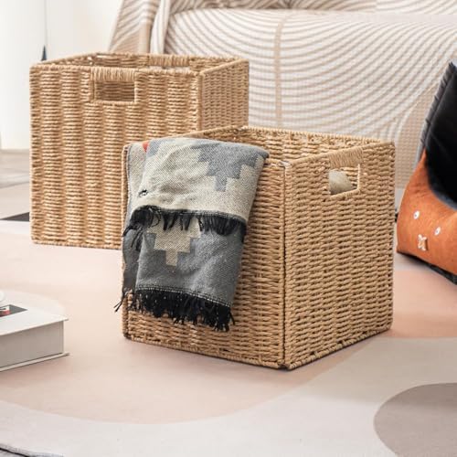 13x13x13 Storage Cube Bins Set of 4, Paper Rope Hand Woven Storage Basket with Handles, Collapsible Square Storage Cubes for Shelves, Wicker Shelf Baskets for Living Room Bedroom Organizing, Natural - Image 7