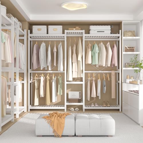 Homykic Bamboo Clothing Rack with 7 Shelves, 5 Hang Rods, 70” Wide, White - Image 3