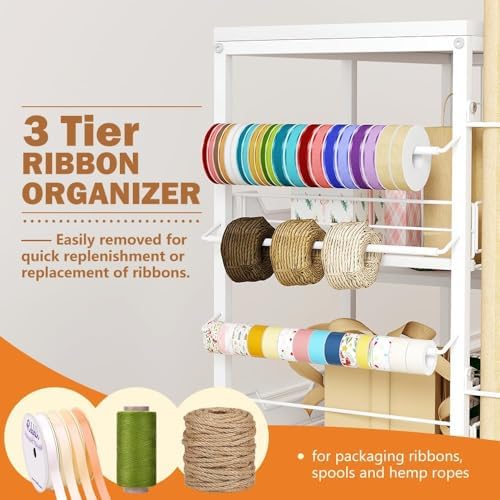 Wrapping Paper Organizer Storage with Wheels, Rolling Gift Wrap Cart with Ribbon and Gift Bag Storage, Craft Organization with 20 Roll Holders and 3 Drawers, White - Image 3